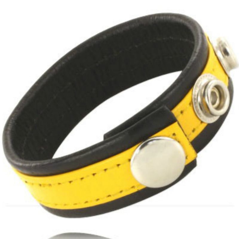 Sangle de pénis en cuir jaune et noir