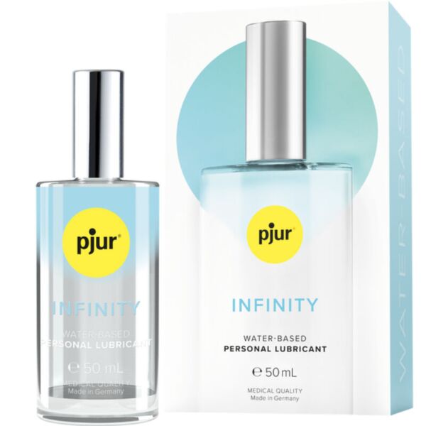 Flacon en verre du lubrifiant pjur Infinity Water-Based de 50 ml, avec sa boîte