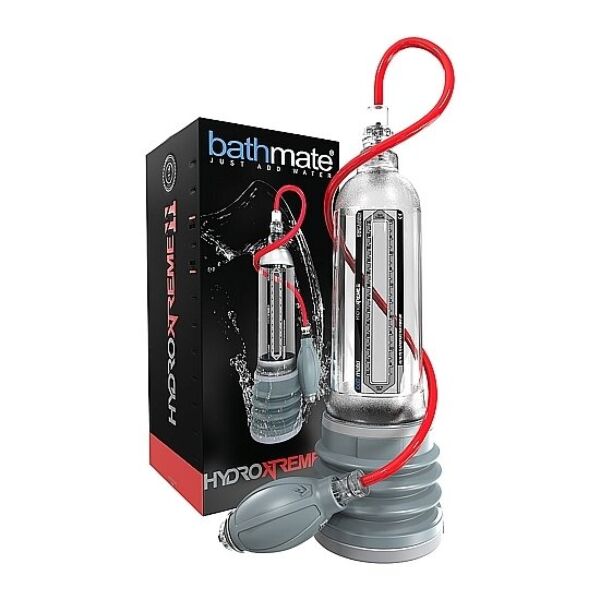 Pompe à eau pour pénis Bathmate Hydroxtreme 11, transparente avec des détails gris et rouges, avec sa poire manuelle