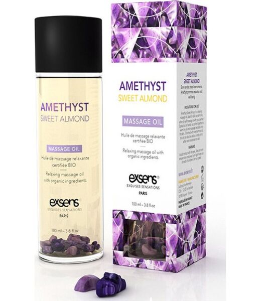 Flacon d’huile de massage Exsens Relaxing Oil Amatista 100 ml avec des pierres d’améthyste à l’intérieur