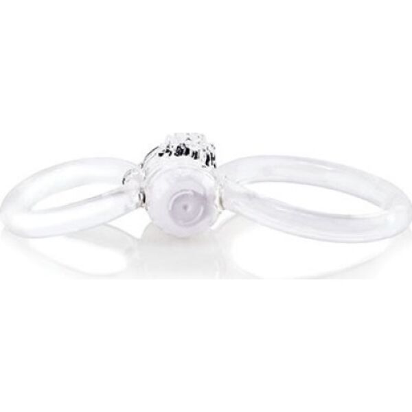 Anneau pénien vibrant double Screaming O Ofinity Plus Clear, transparent, avec son mini-vibromasseur entre les deux anneaux