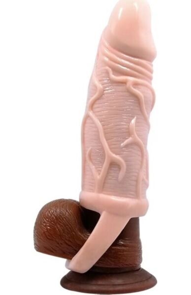 Gaine d'extension pénis Baile For Him 13,5 cm couleur chair, avec son anneau pour les testicules