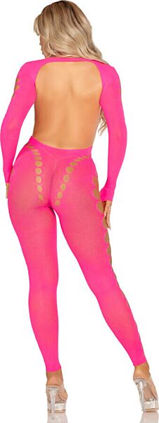Bodystocking Leg Avenue Reckless Intentions rose fluo, avec dos ouvert et ouvertures