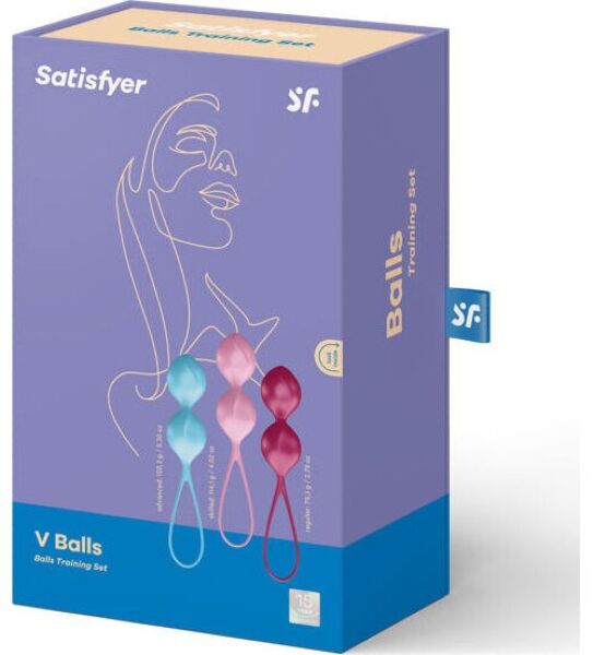 Boules de geisha Satisfyer V Balls, set de trois boules turquoise, rose et rouge