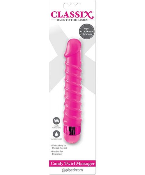 Vibromasseur Pipedream Candy Twirl rose, avec un corps strié en spirale et une molette à la base