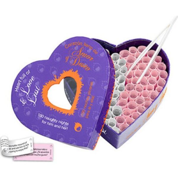 Jeu érotique Cœur Amour et Désir de Tease & Please, boîte en forme de cœur avec des rouleaux de papier roses et blancs