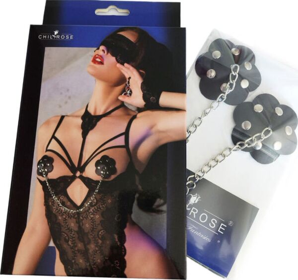 Cache-tétons Chilirose CR 4675 noirs avec rivets et chaîne argentés