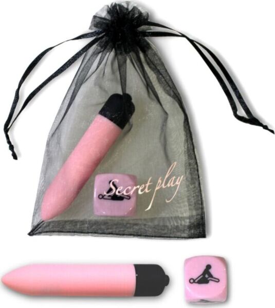 Secret Play Kit Sensual Feelings, avec le mini-vibromasseur rose, le dé des positions rose et la pochette en organza