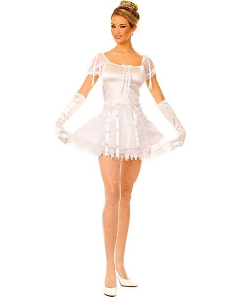 Déguisement ballerine Music Legs S/M blanc, avec robe en satin brillant et gants en satin