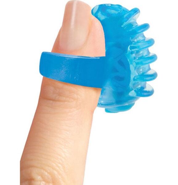 Vibromasseur de doigt Screaming O Fingo Tips Blue, anneau bleu transparent avec reliefs