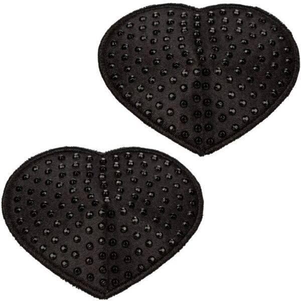 Cache-tétons Radiance Pasties Heart de CalExotics, deux cœurs noirs ornés de strass