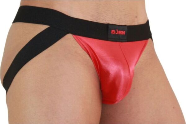 Jockstrap Burn 010 Jock rouge et noir, avec transparences et détails brillants
