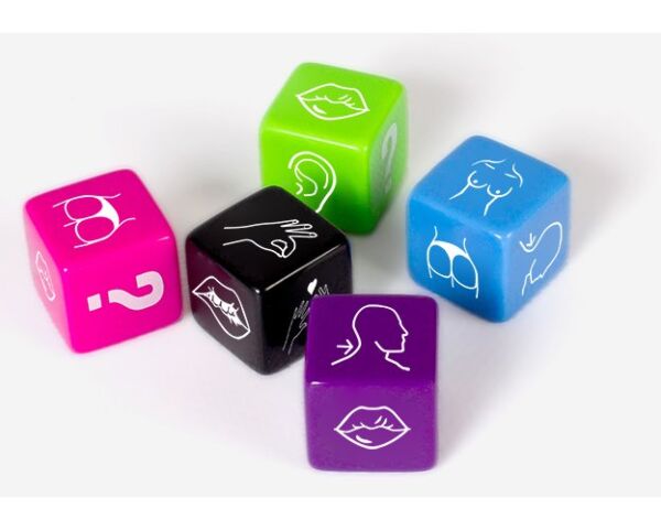 Jeu de dés sexuels Secret Play Party Play, avec son dé noir et ses quatre dés de couleur