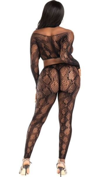 Ensemble de lingerie Leg Avenue Cold Blooded 89373 : crop top à manches longues et collant sans pieds en résille noire à motif serpent
