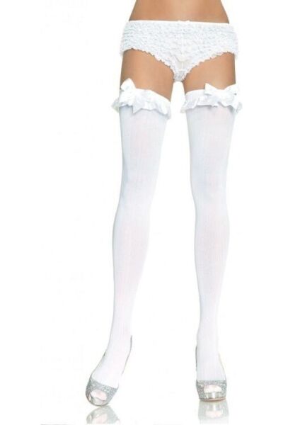 Bas opaques blancs Leg Avenue Devi avec volant et nœud en haut de la cuisse