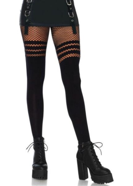 Collant Leg Avenue Ada noir, opaque sur la jambe, avec de la résille rayée sur la cuisse