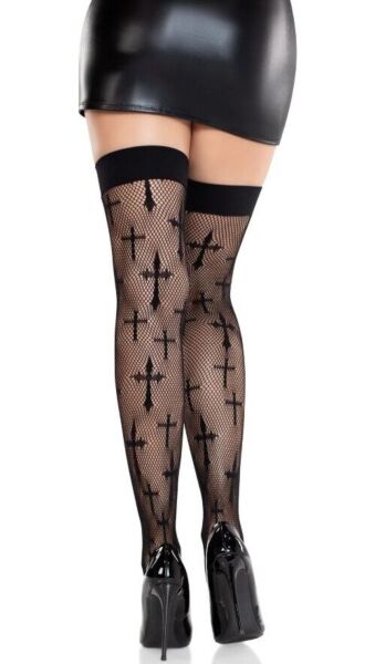 Bas cuissardes en résille noire Leg Avenue Worship Me avec croix dans le motif