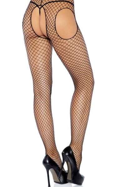 Collant résille noir Leg Avenue Industrial Net Suspender Hose, avec effet porte-jarretelles et ouverture à l'entrejambe
