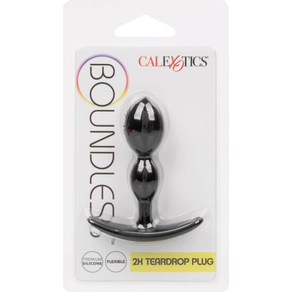 Plug anal CalExotics Boundless 2x Teardrop Plug noir, en forme de goutte, avec anneau à la base