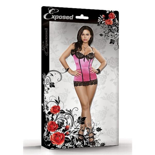 Chemise de nuit Exposed Sequin Lace Chemise Rose S/M, mini-robe rose avec soutien-gorge noir et nœud rose
