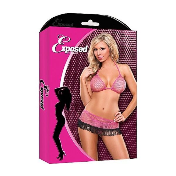 Ensemble de lingerie Exposed 3 pièces rose à détails noirs, avec soutien-gorge bikini et string à cordon fin