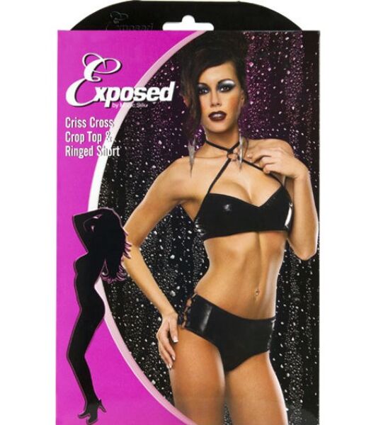 Ensemble de lingerie Exposed Liquid Onyx noir, avec crop top et culotte boy short