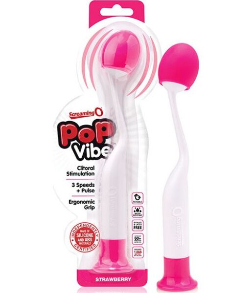 Wand massant Screaming O PoP Vibe Strawberry rose et blanc, avec sa tête flexible