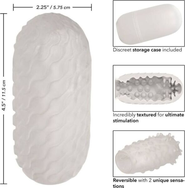 Masturbateur CalExotics Boundless Reversible Nubby Stroker blanc à côté de son étui