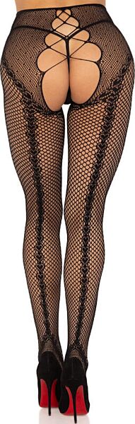 Collant résille noir sans entrejambe Leg Avenue Karma, avec couture dos et cœur