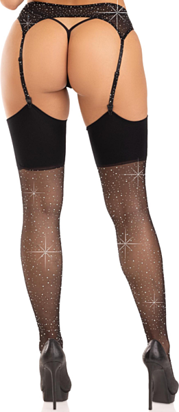 Bas noirs Leg Avenue Harmony jusqu'à la cuisse, avec strass sur la large bande