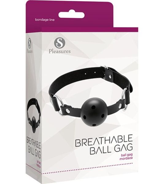 Bâillon boule S Pleasures Breathable Ball Gag noir, avec boule à ouvertures, anneaux en métal et sangle à boucle