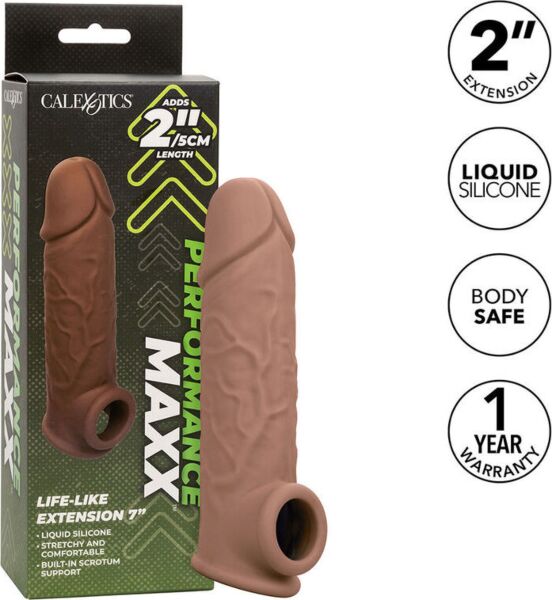 Gaine de pénis creuse CalExotics Performance Maxx Life-Like 7 peau brune avec sangle scrotale intégrée