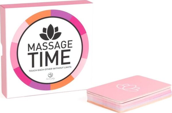 Boîte du jeu de massage pour couple Secret Play Massage Time, avec ses cartes et son dé
