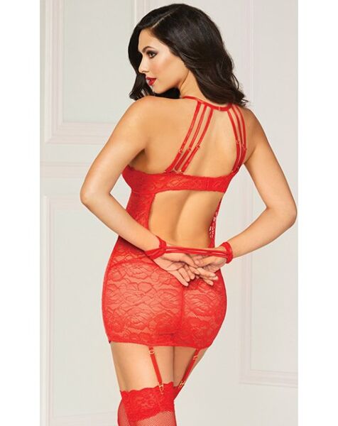 Ensemble de lingerie Chemise Set Seven 'til Midnight rouge, robe porte-jarretelles en dentelle avec décolleté halter et menottes assorties