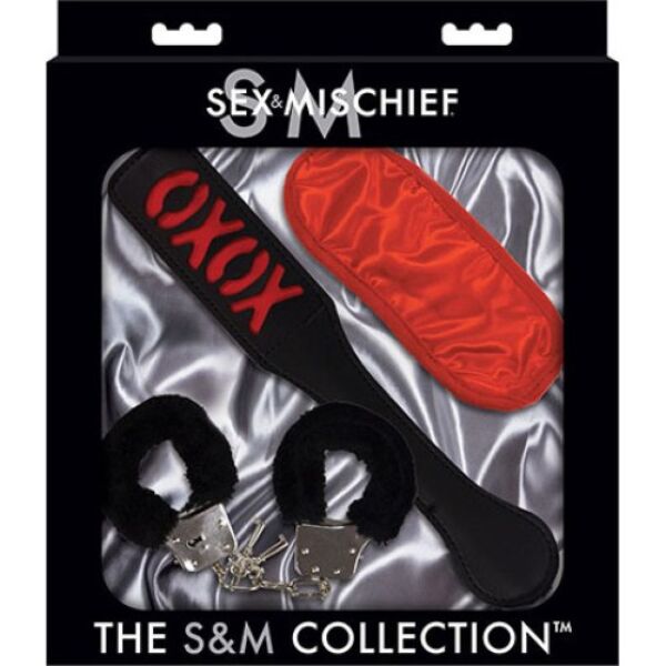 Coffret bondage Sex & Mischief Sweet Punishment avec menottes en peluche noires, bandeau rouge, paddle et contrat