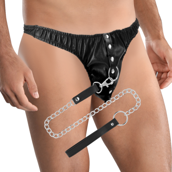 String Darkness Submission Thong with Metal Chain avec chaîne métallique et anneaux en D