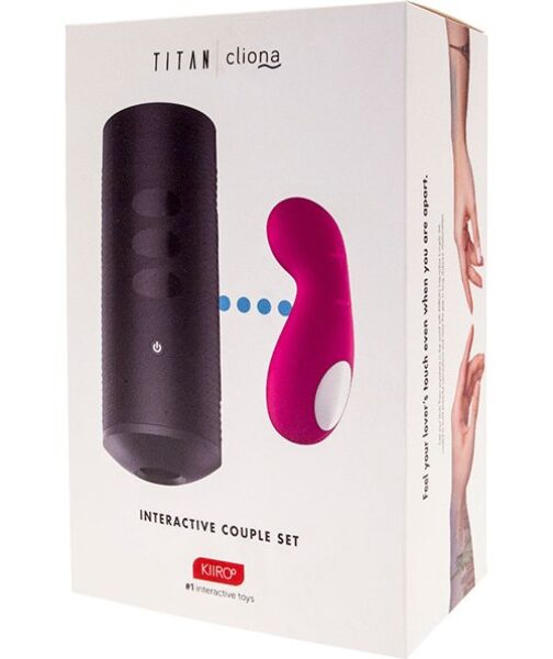 Coffret pour couple Kiiroo Titan & Cliona, avec le masturbateur Titan et le vibromasseur clitoridien Cliona