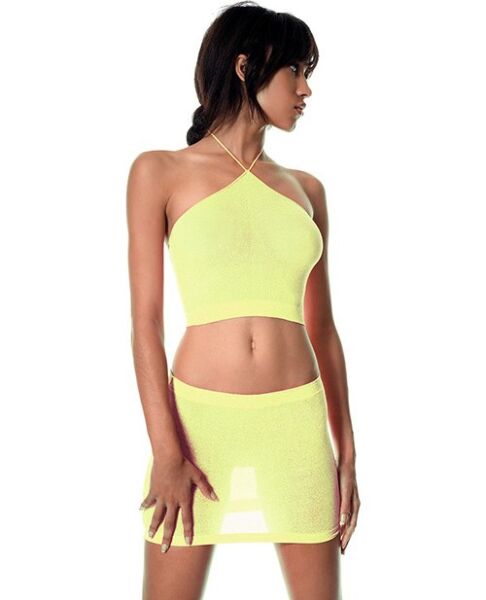 Ensemble Music Legs top à col licou et jupe en lurex jaune fluo