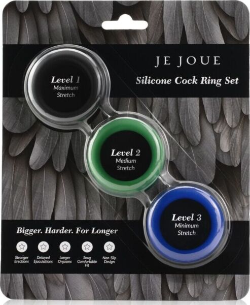 Set d'anneaux péniens en silicone Je Joue avec les trois anneaux : bleu, vert et noir