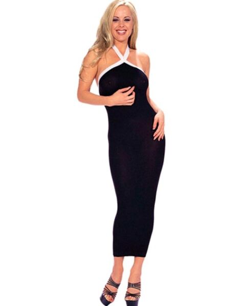 Robe longue Music Legs noir et blanc, à col licou