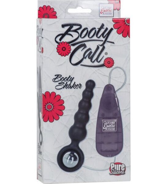 Plug anal CalExotics Booty Call Booty Shaker Black noir, avec sonde étagée, poignée circulaire, mini-vibromasseur et commande filaire