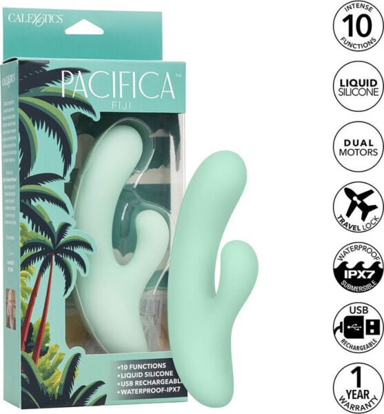 Vibromasseur point G CalExotics Pacifica Fiji en silicone transparent vert, avec tige courbe et second stimulateur