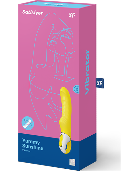 Vibromasseur point G Satisfyer Yummy Sunshine, de couleur jaune, courbé et à surface nervurée