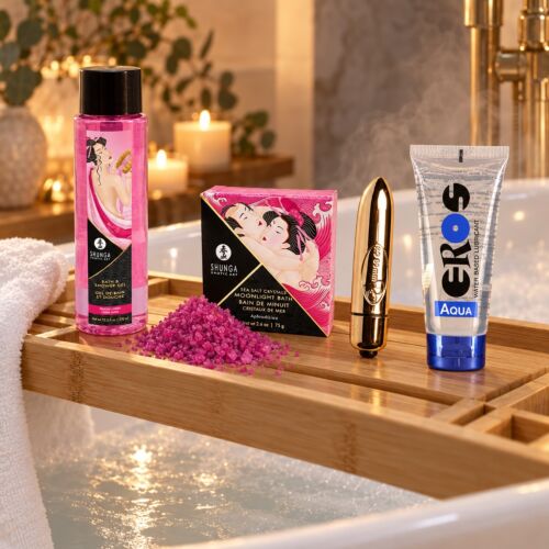 Coffret douche et bain avec bullet vibrant submersible – mise en scène d'ambiance (image générée par IA)