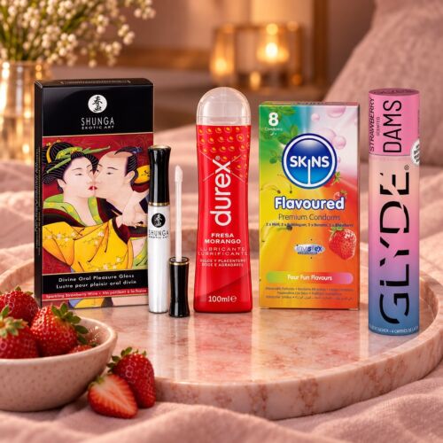 Coffret sexe oral avec gloss, lubrifiant et préservatifs aromatisés – mise en scène d'ambiance (image générée par IA)