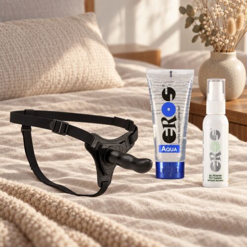 Coffret gode-ceinture pour débutants avec harnais universel et gode en silicone – mise en scène d'ambiance (image générée par IA)