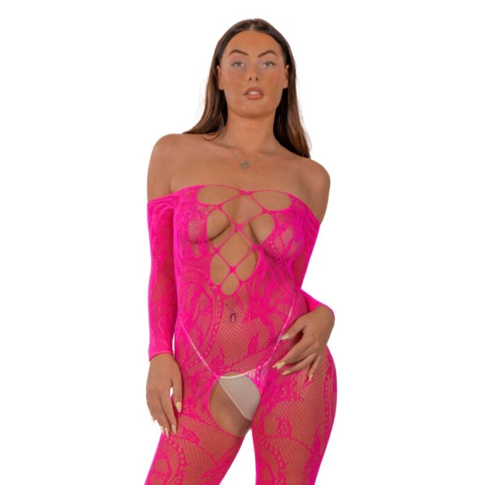 Lace by LJ Lace Up Front Crotchless Bodystocking Fuchsia Lace by LJ Lace Up Front Crotchless Bodystocking Fuchsia